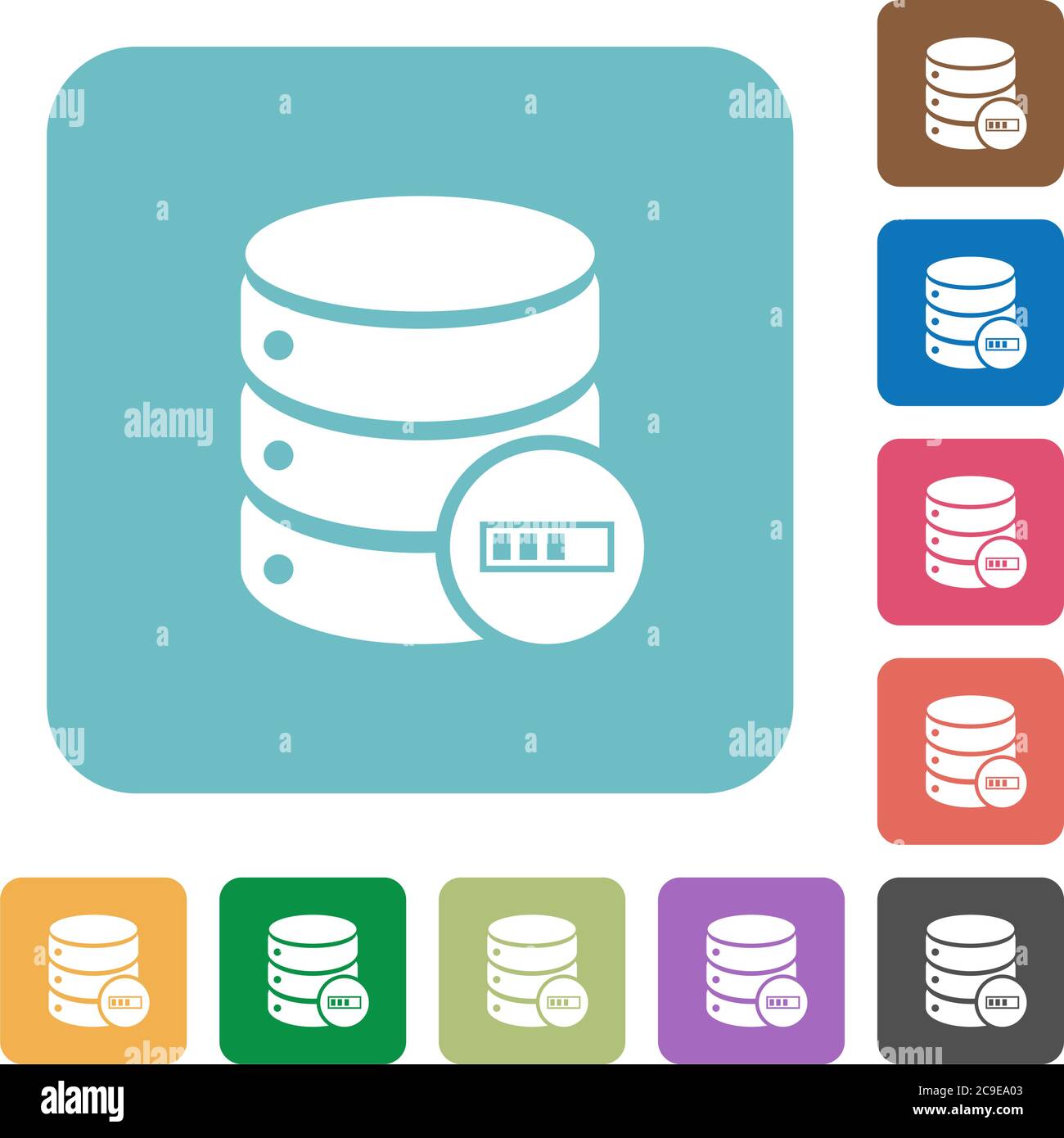 Database processing white flat icons on color rounded square backgrounds Stock Vector