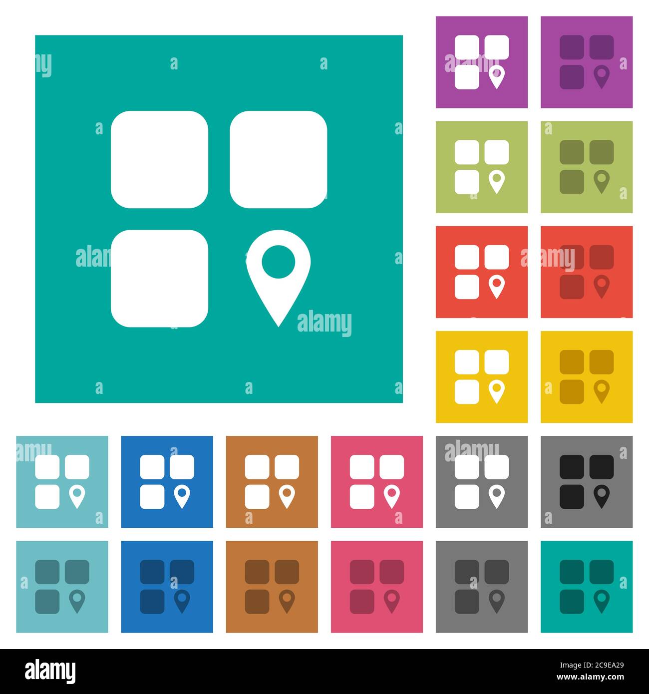 Component location multi colored flat icons on plain square backgrounds. Included white and darker icon variations for hover or active effects. Stock Vector