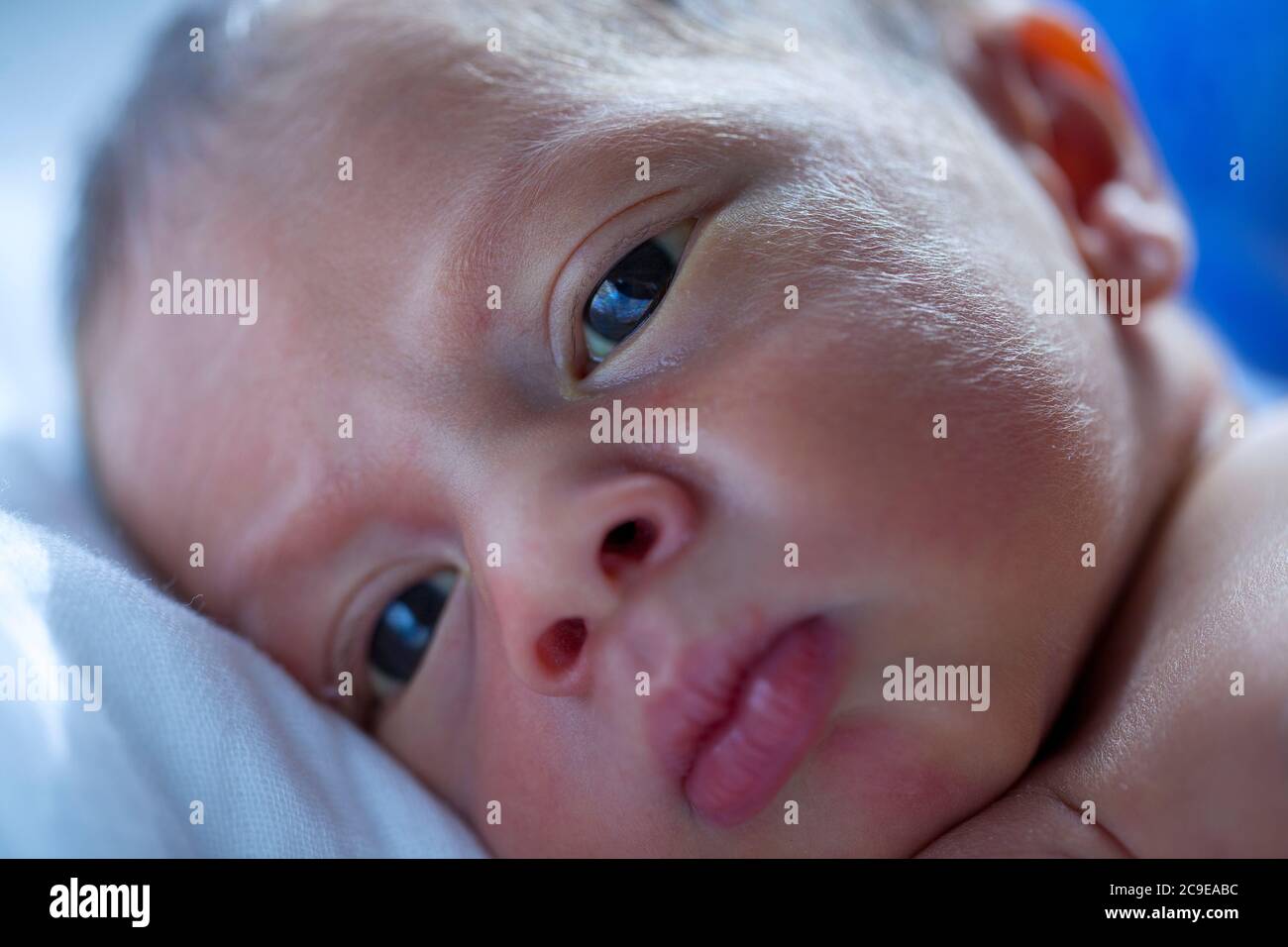 Closeup of newborn baby boy with large brown eyes and brown hair Stock