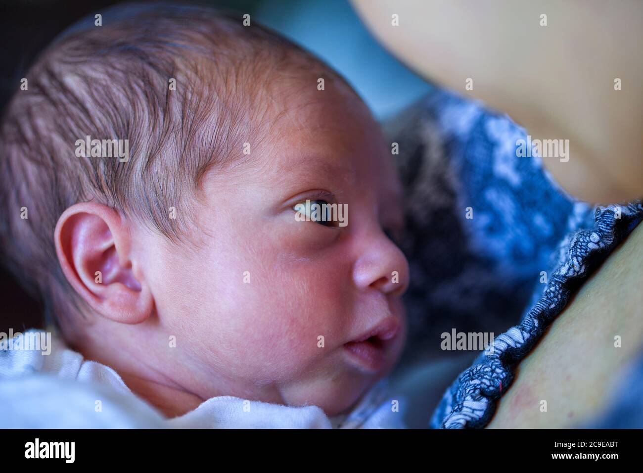 Newborn boy with large brown eyes staring at his mother Stock Photo Alamy