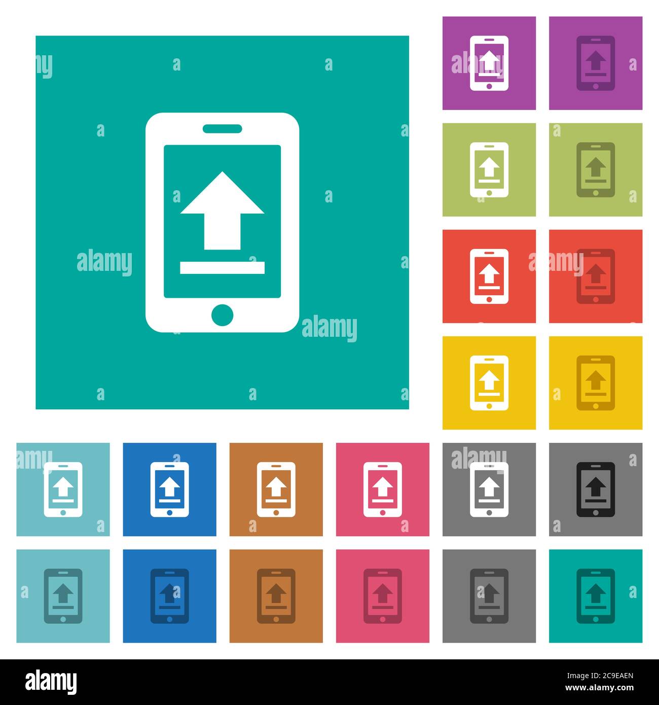 Mobile upload multi colored flat icons on plain square backgrounds. Included white and darker icon variations for hover or active effects. Stock Vector