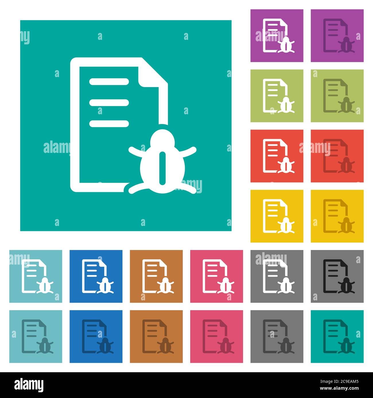 Bug report multi colored flat icons on plain square backgrounds. Included white and darker icon variations for hover or active effects. Stock Vector