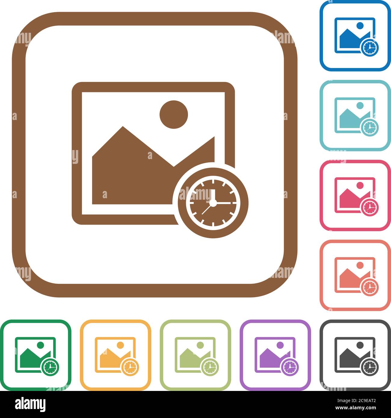 Image time simple icons in color rounded square frames on white background Stock Vector