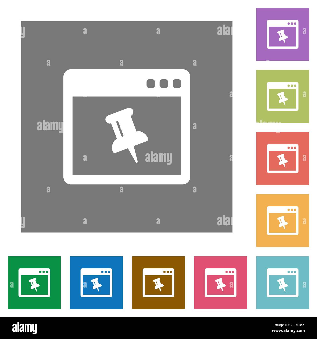 Application pin flat icons on simple color square backgrounds Stock Vector