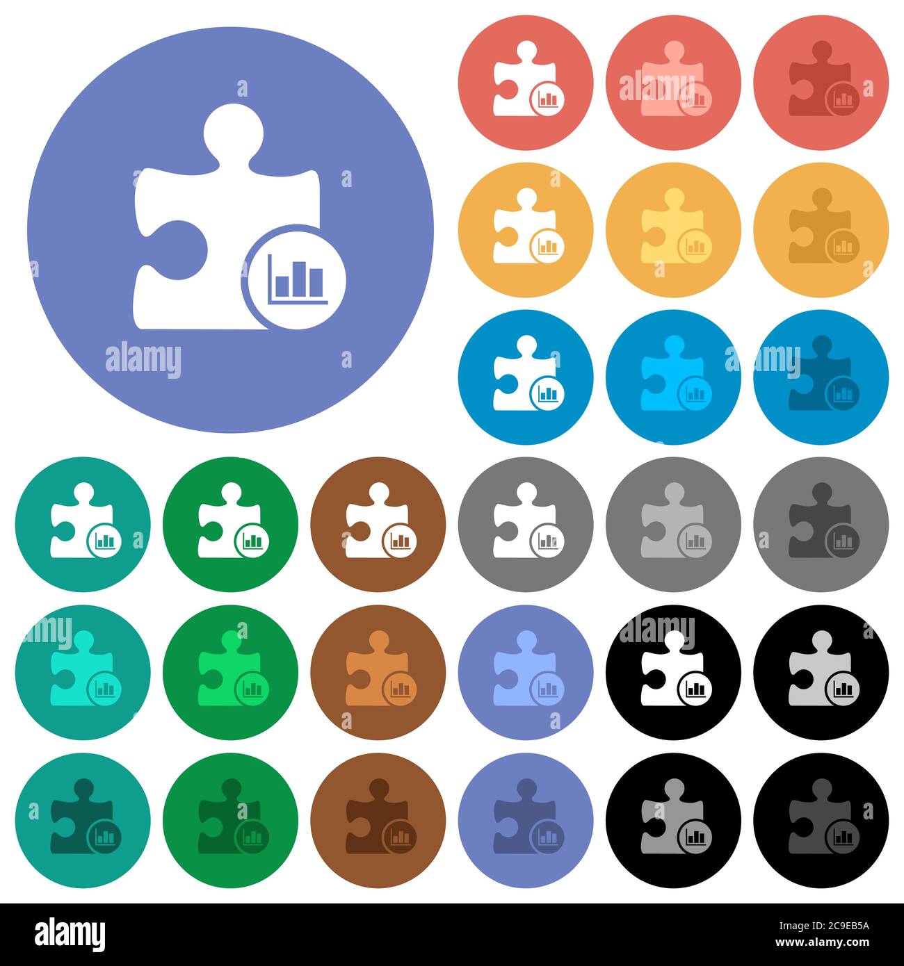 Plugin statistics multi colored flat icons on round backgrounds. Included white, light and dark icon variations for hover and active status effects, a Stock Vector