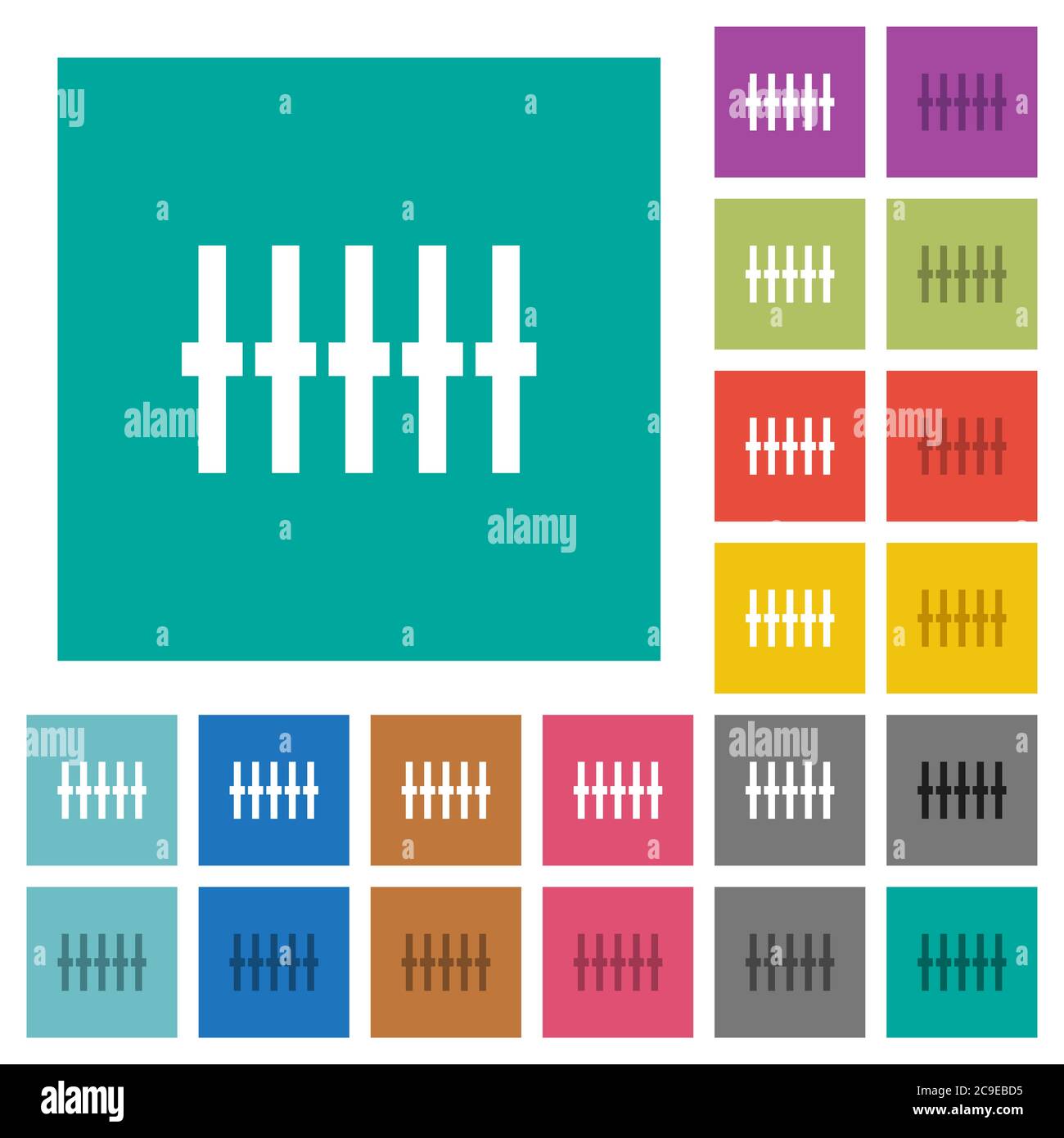 Graphical equalizer multi colored flat icons on plain square backgrounds. Included white and darker icon variations for hover or active effects. Stock Vector
