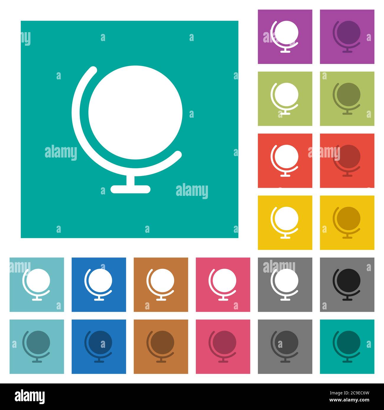 Globe multi colored flat icons on plain square backgrounds. Included white and darker icon variations for hover or active effects. Stock Vector