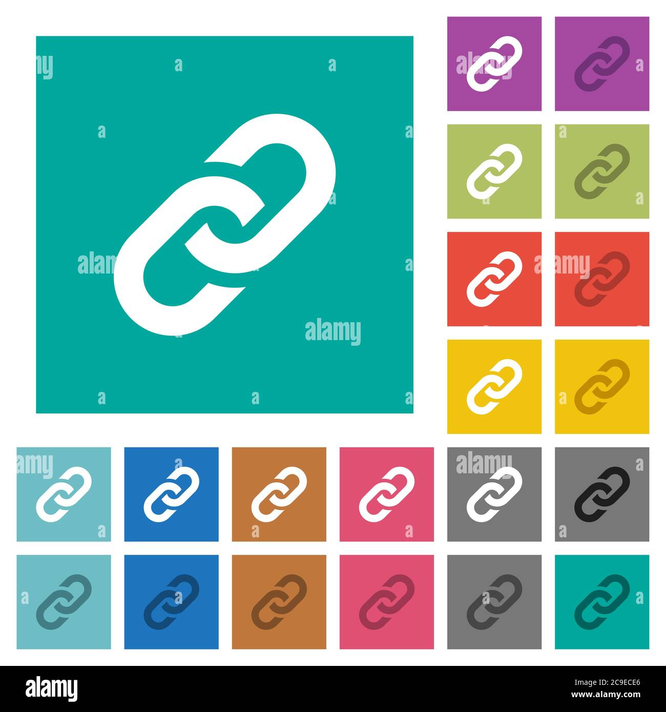 Link multi colored flat icons on plain square backgrounds. Included white and darker icon variations for hover or active effects. Stock Vector