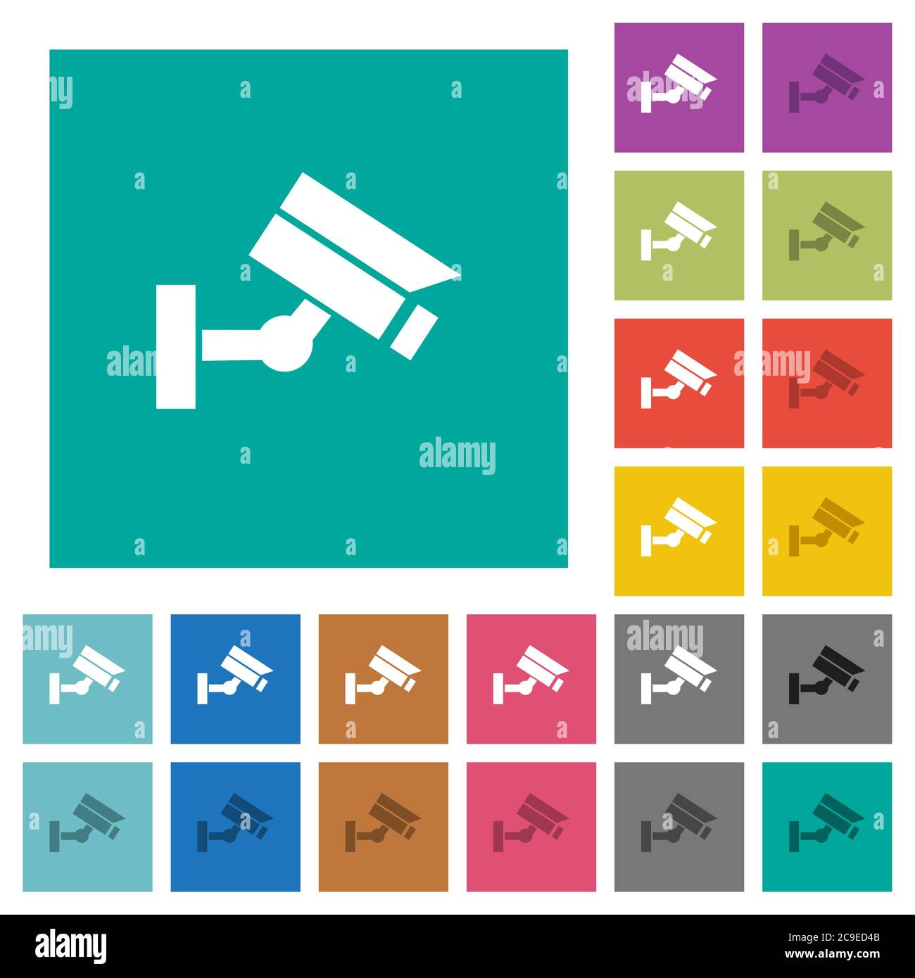 Security camera multi colored flat icons on plain square backgrounds. Included white and darker icon variations for hover or active effects. Stock Vector