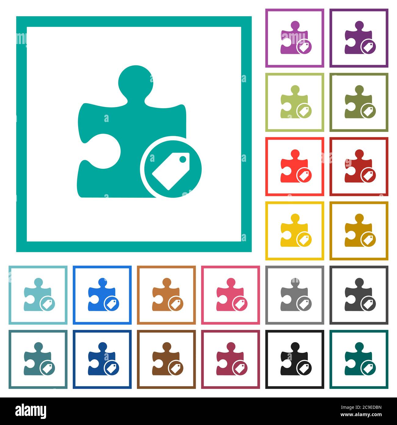 Tag plugin flat color icons with quadrant frames on white background Stock Vector
