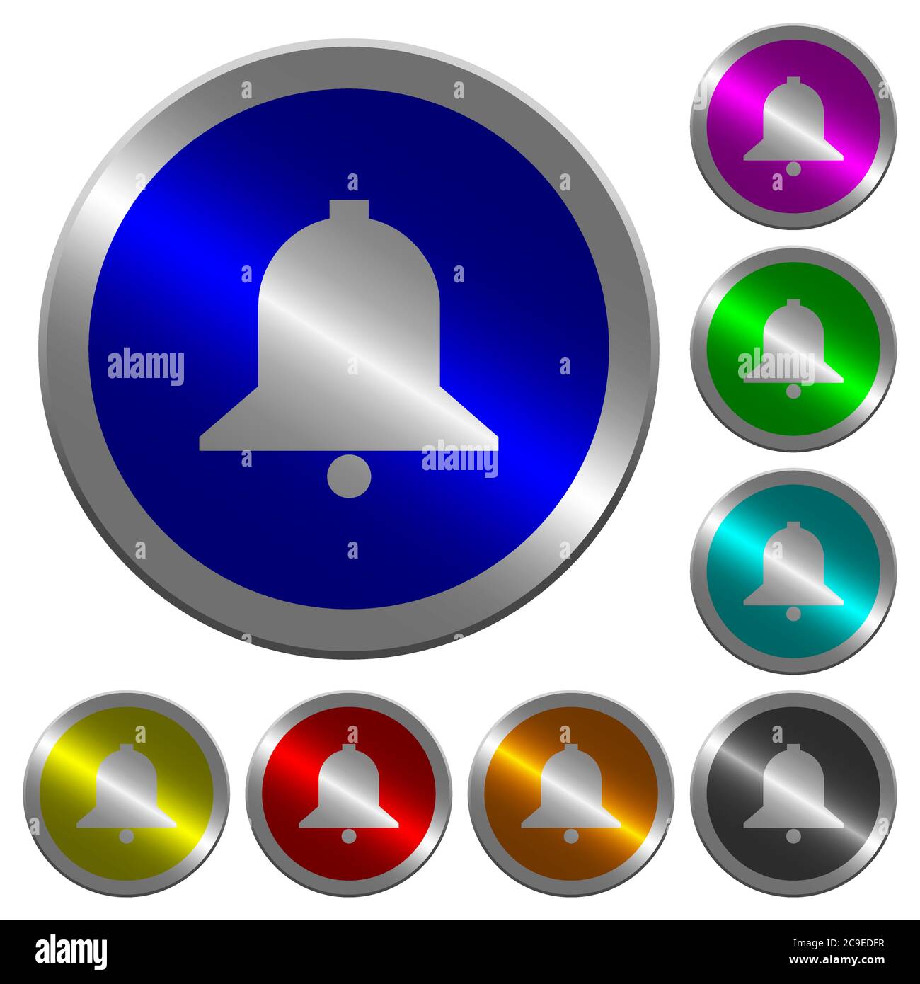 Single bell icons on round luminous coin-like color steel buttons Stock ...