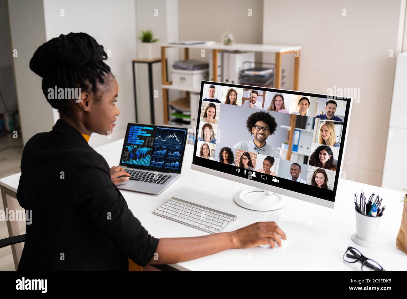 Watching Video Conference Business Webinar On Computer Stock Photo - Alamy