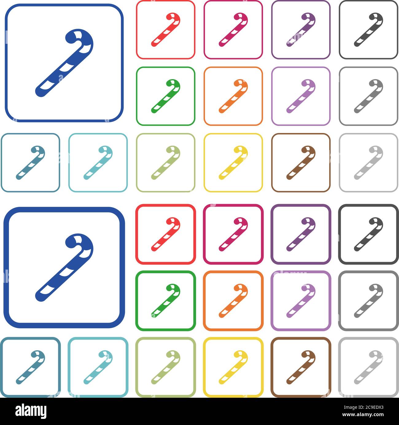 Candy canes color flat icons in rounded square frames. Thin and thick versions included. Stock Vector