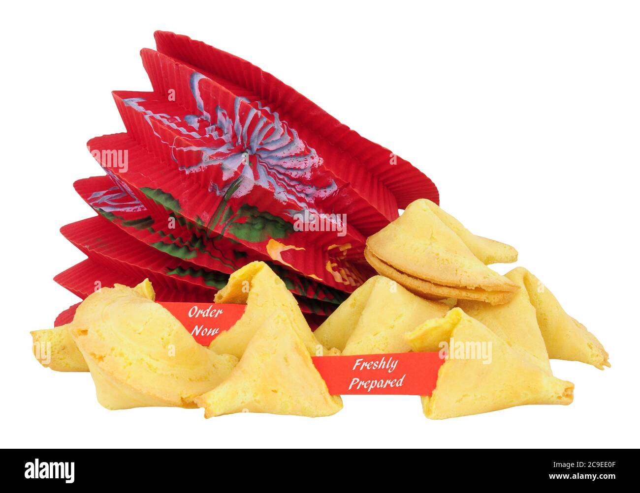 Fortune cookies with order now and freshly prepared message isolated on