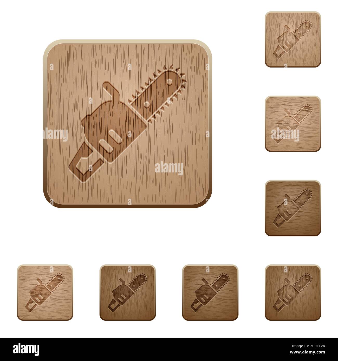 Chainsaw on rounded square carved wooden button styles Stock Vector