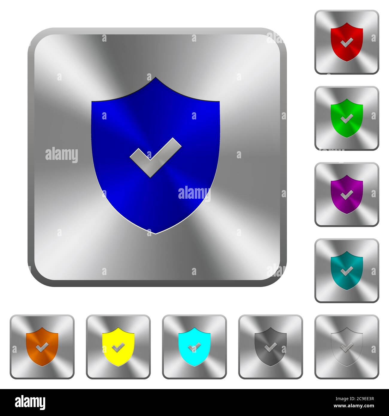 Active security engraved icons on rounded square glossy steel buttons Stock Vector