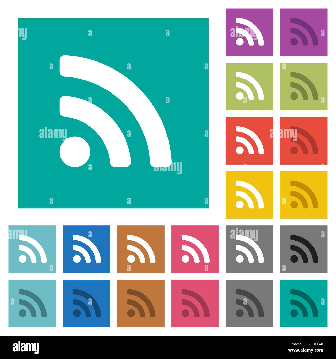 Radio signal multi colored flat icons on plain square backgrounds. Included white and darker icon variations for hover or active effects. Stock Vector