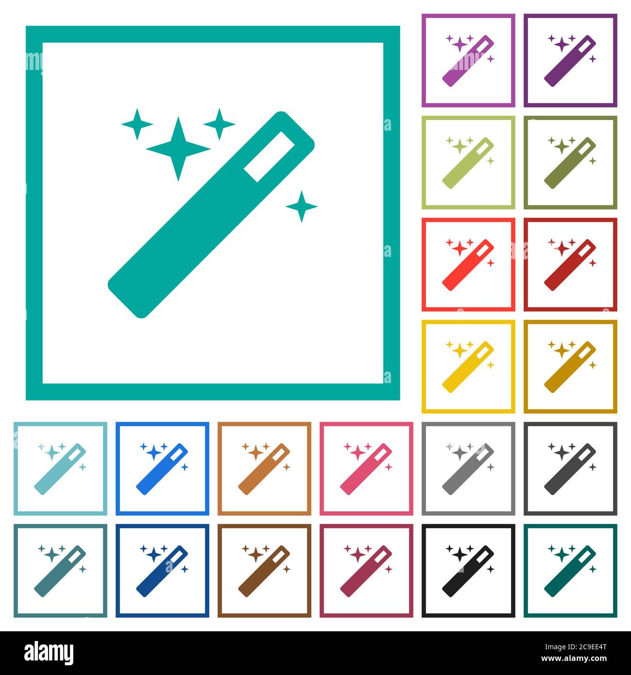 Magic wand flat color icons with quadrant frames on white background Stock Vector