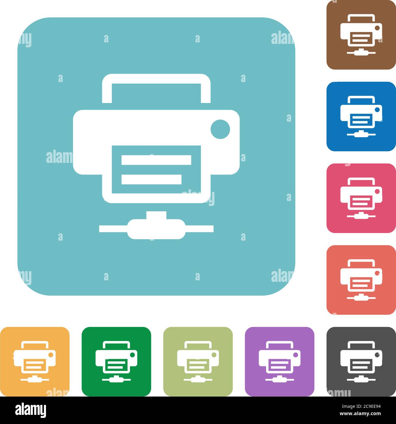 Network printer white flat icons on color rounded square backgrounds Stock Vector