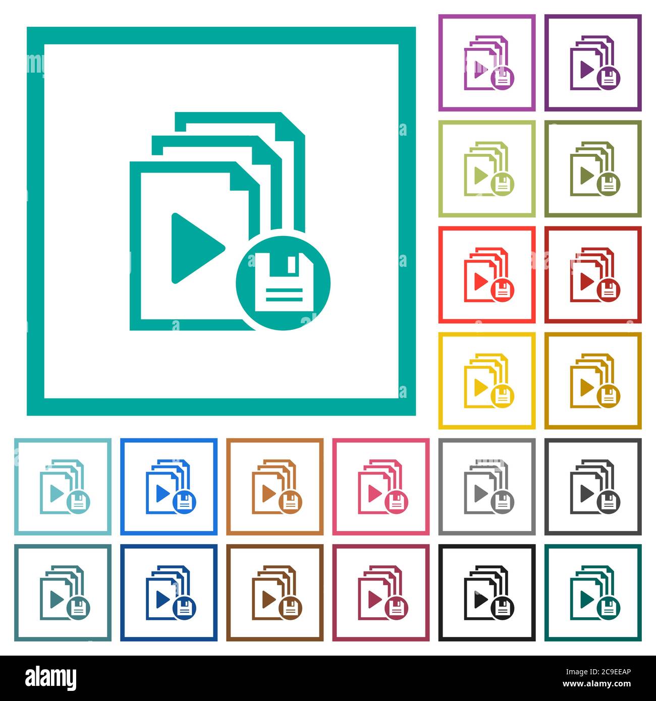 Save playlist flat color icons with quadrant frames on white background Stock Vector