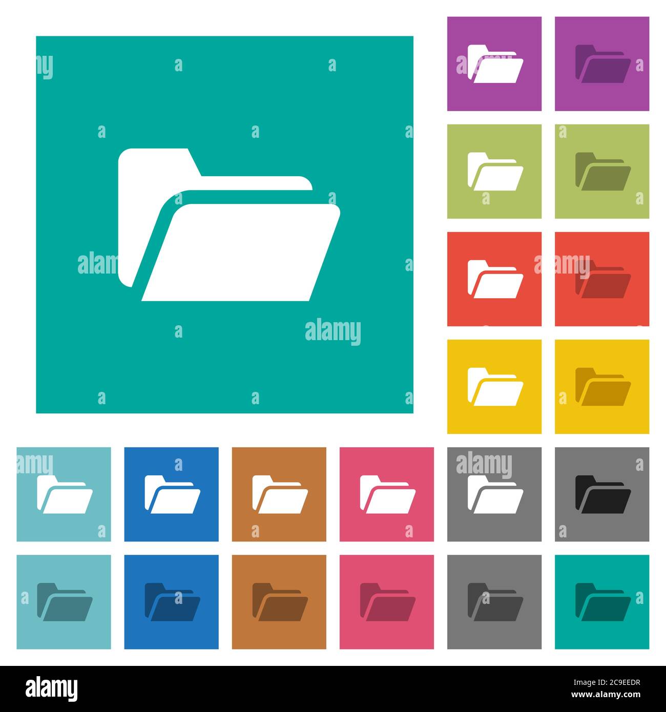 Folder open multi colored flat icons on plain square backgrounds. Included white and darker icon variations for hover or active effects. Stock Vector