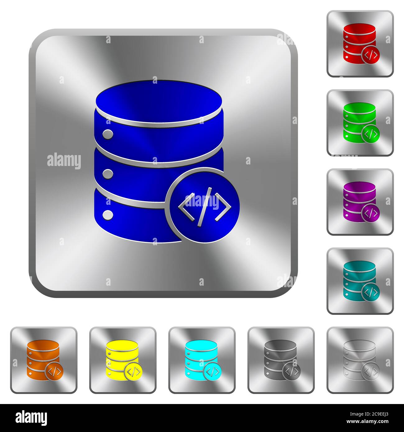 Database programming engraved icons on rounded square glossy steel buttons Stock Vector