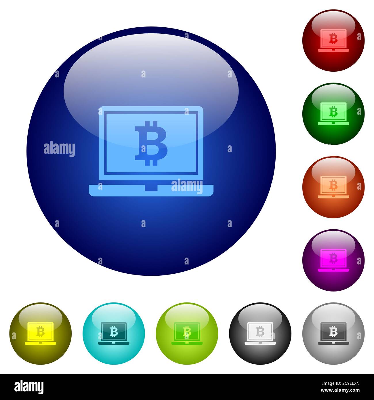 Laptop with Bitcoin sign icons on round color glass buttons Stock Vector