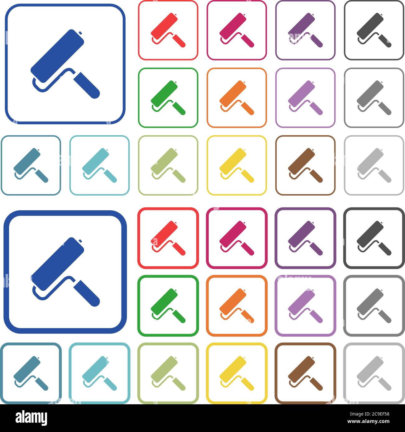 Paint roller color flat icons in rounded square frames. Thin and thick versions included. Stock Vector