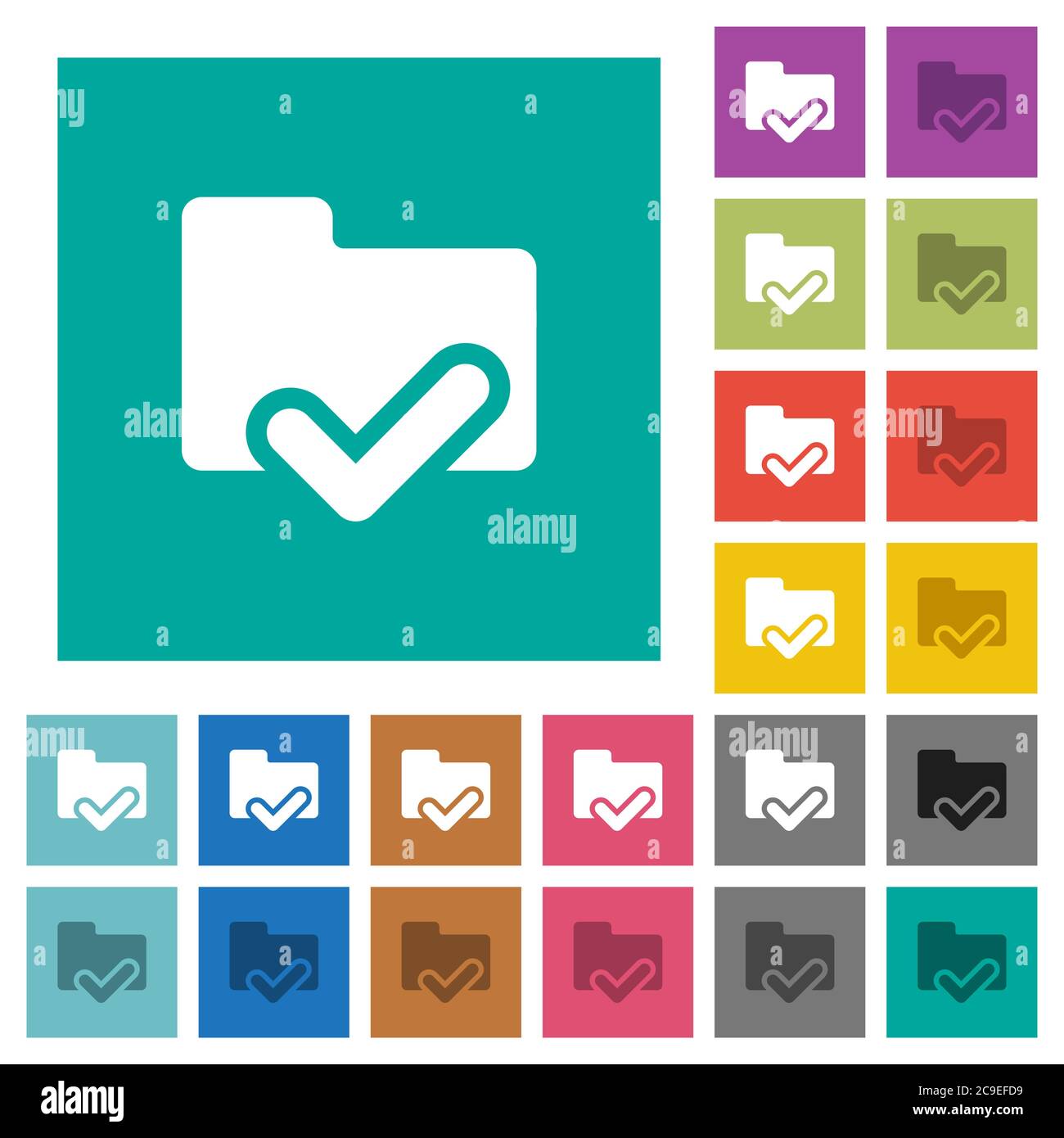 Folder ok multi colored flat icons on plain square backgrounds. Included white and darker icon variations for hover or active effects. Stock Vector