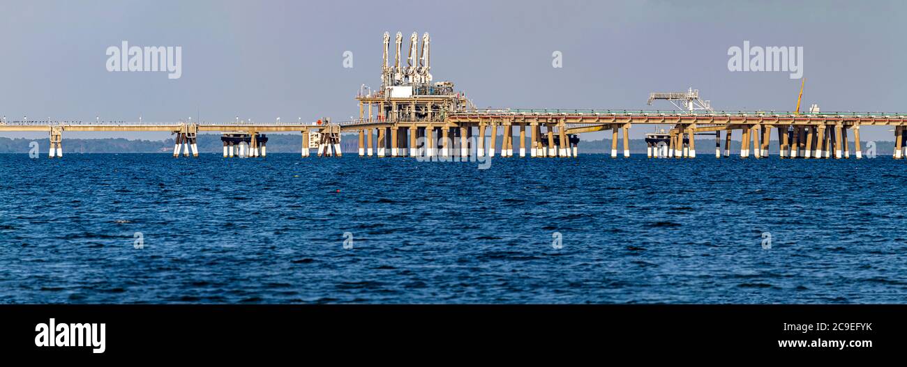 Calvert County, MD, USA 07/28/2020: Panoramic view of the offshore dock belonging to Dominion Energy Company. Despite environmental concerns this offs Stock Photo