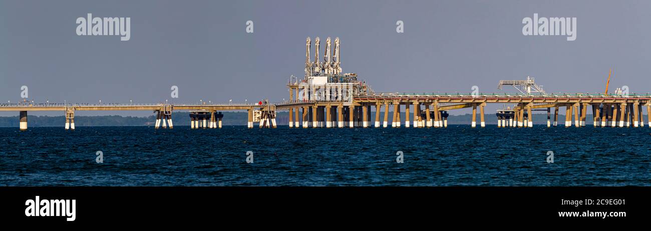 Calvert County, MD, USA 07/28/2020: Panoramic view of the offshore dock belonging to Dominion Energy Company. Despite environmental concerns this offs Stock Photo