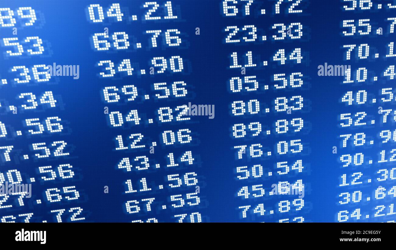 Close-up of financial figures or exchange rates on stock exchange board. Abstract stock market analysis or finance background in 4k resolution. Stock Photo