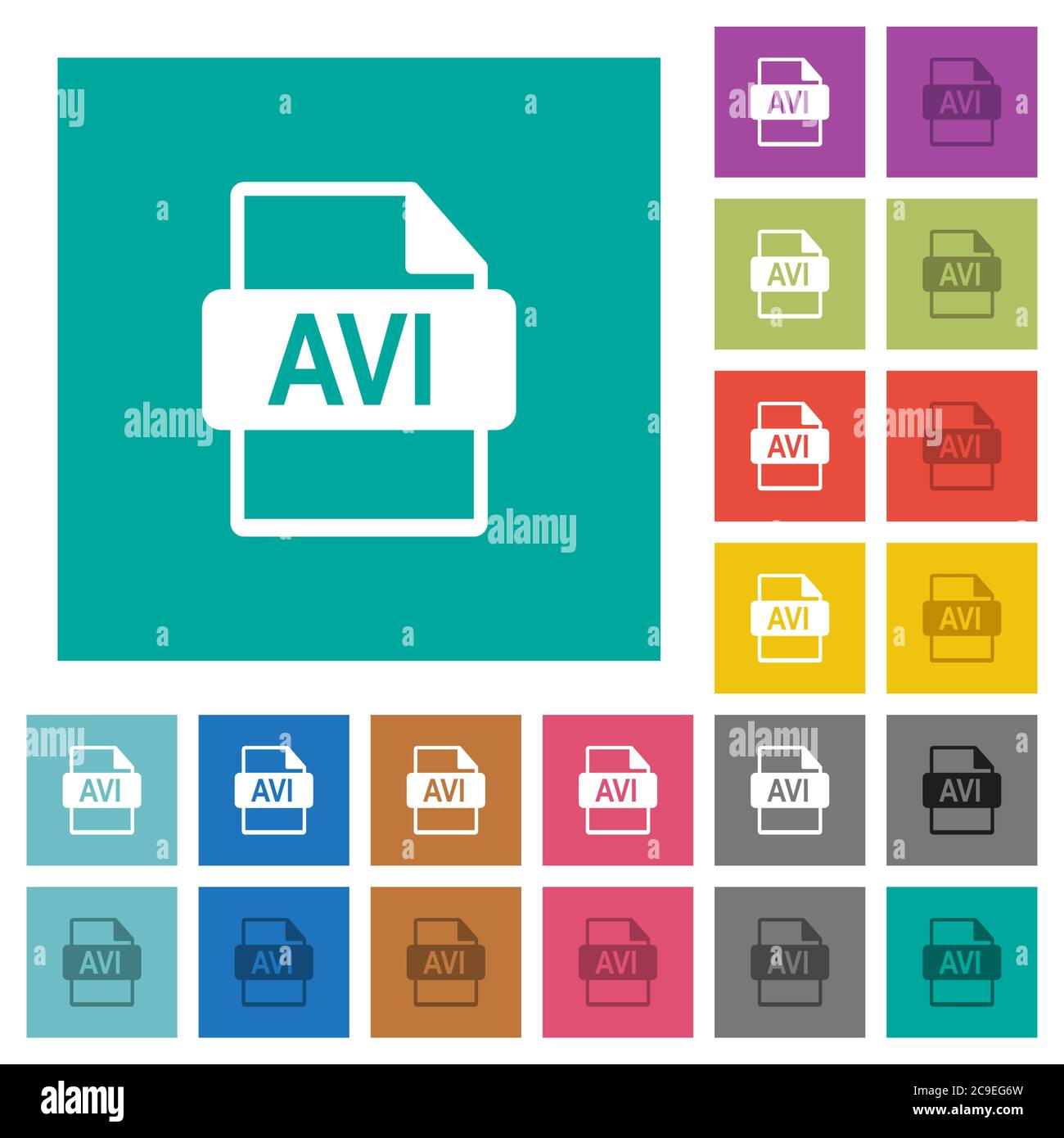 AVI file format multi colored flat icons on plain square backgrounds. Included white and darker icon variations for hover or active effects. Stock Vector