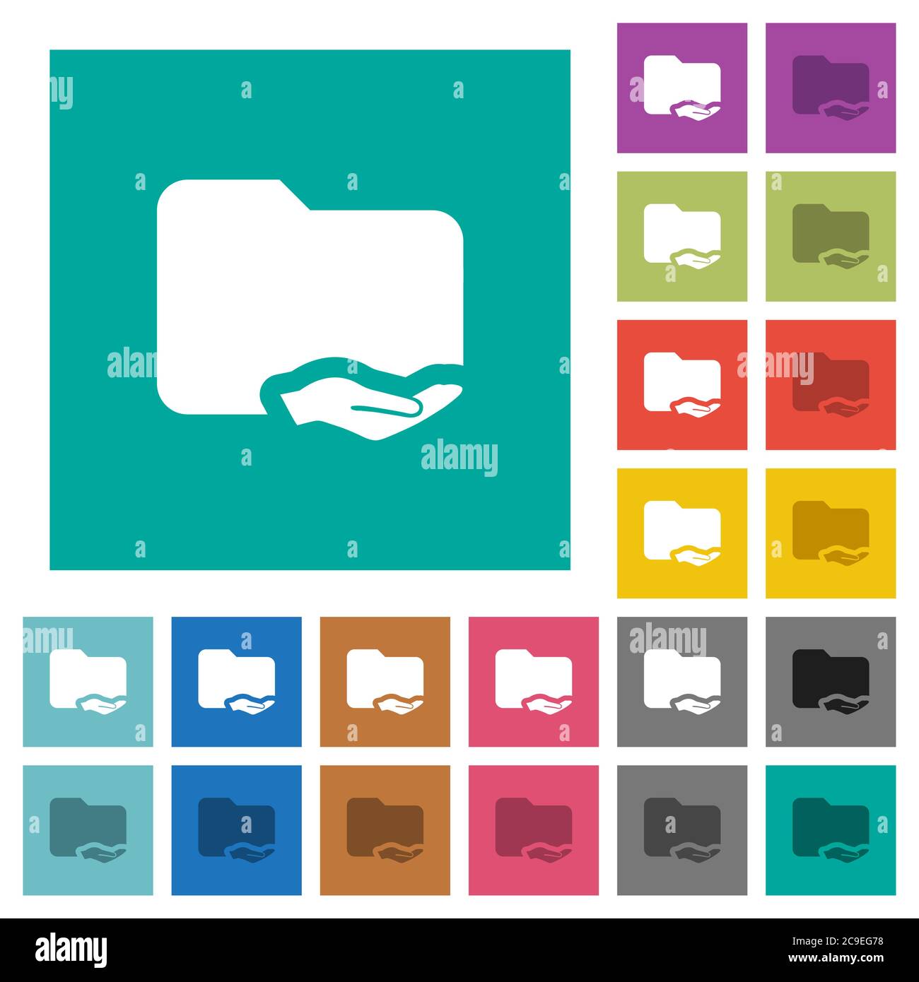 Shared folder multi colored flat icons on plain square backgrounds. Included white and darker icon variations for hover or active effects. Stock Vector