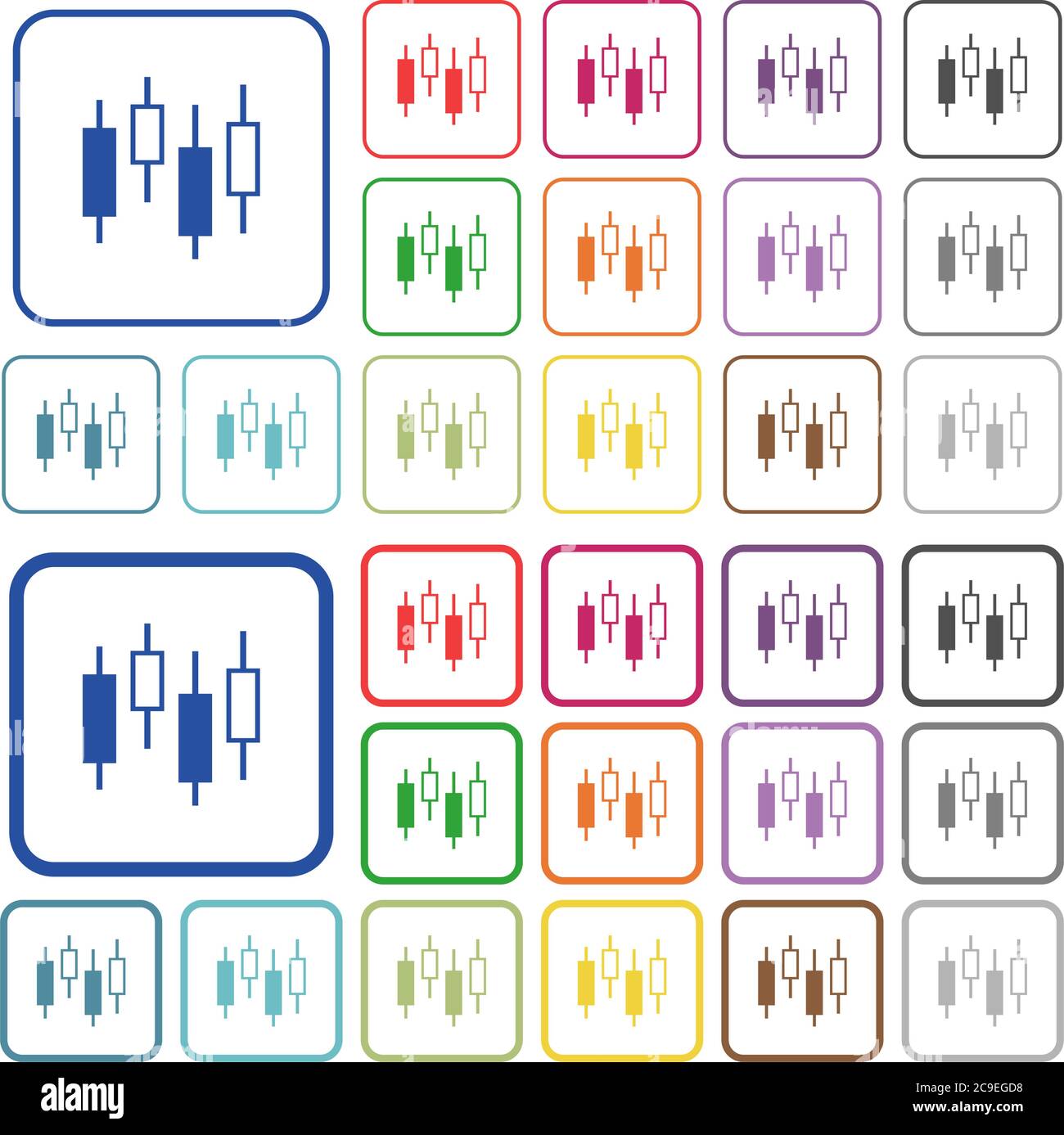 Candlestick chart color flat icons in rounded square frames. Thin and thick versions included. Stock Vector