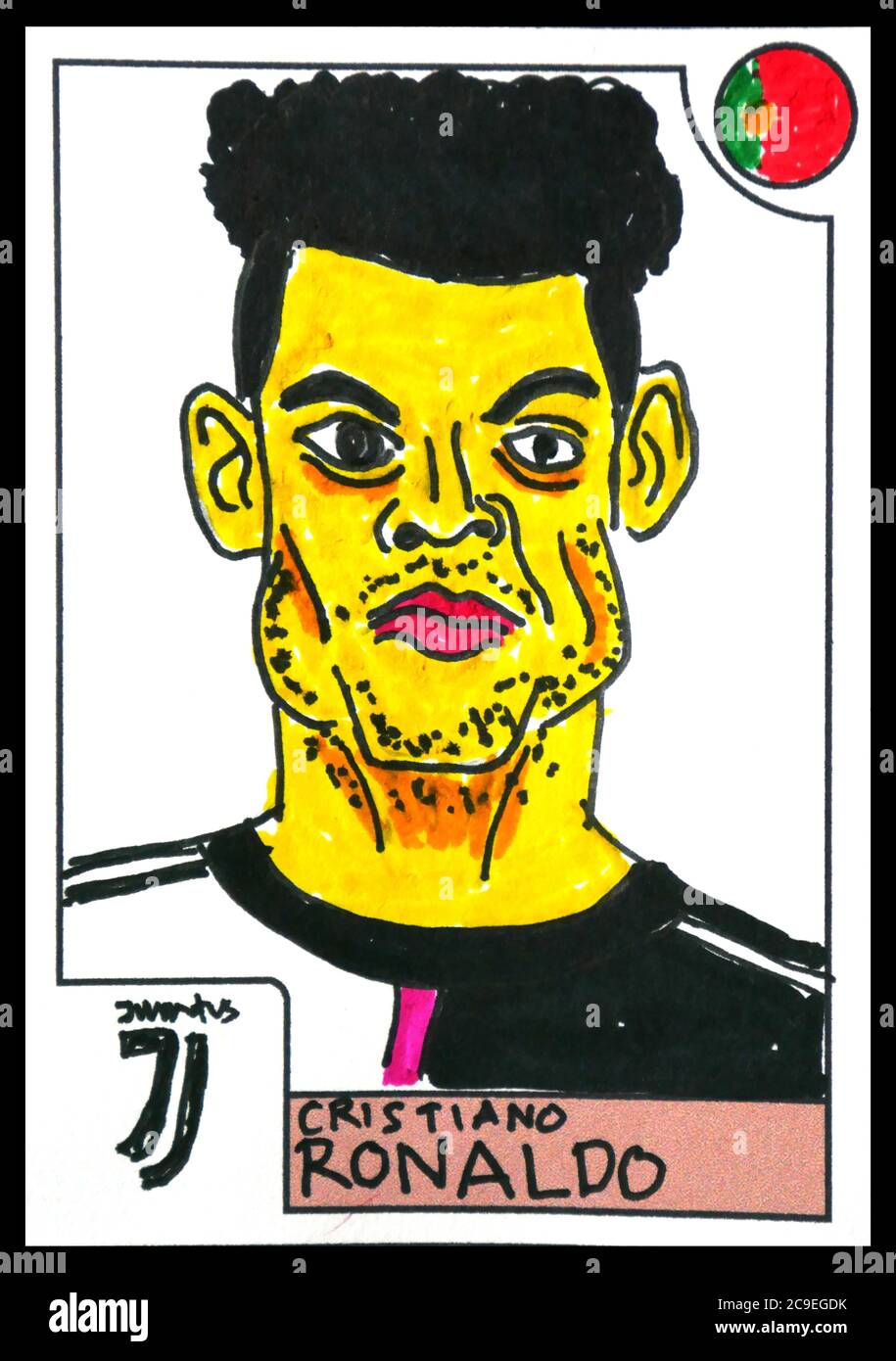 Caricature of Portuguese football player Cristiano Ronaldo in Juventus Shirt. Stock Photo