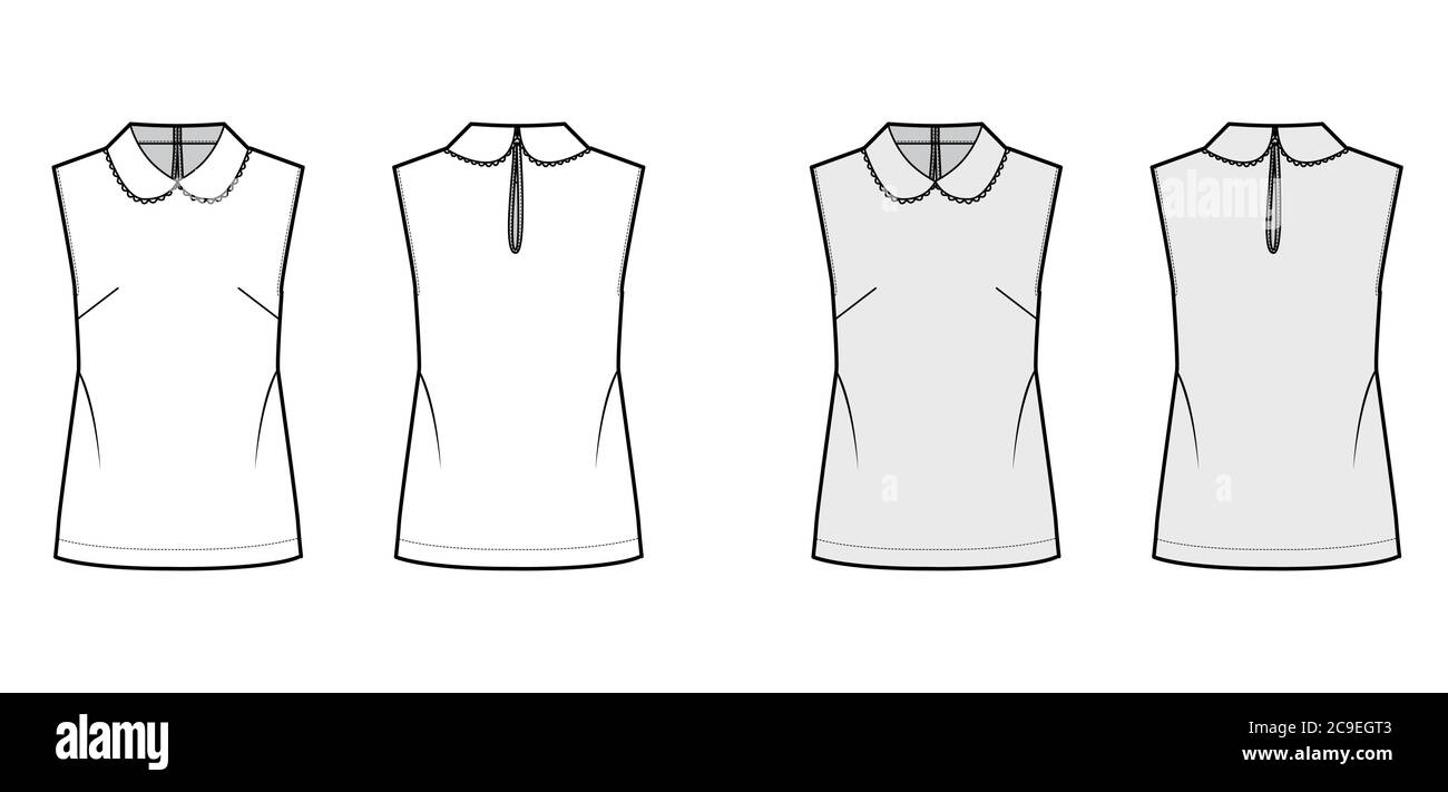 Blouse technical fashion illustration with loose silhouette, sleeveless, round collar trimmed with scalloped lace. Flat shirt apparel template front back white grey color. Women, men unisex top mockup Stock Vector