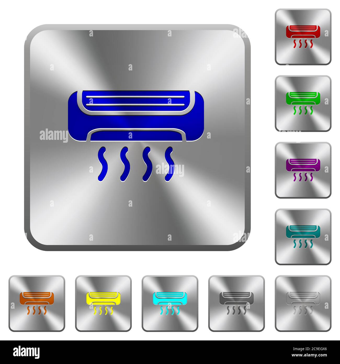 Air conditioner engraved icons on rounded square glossy steel buttons