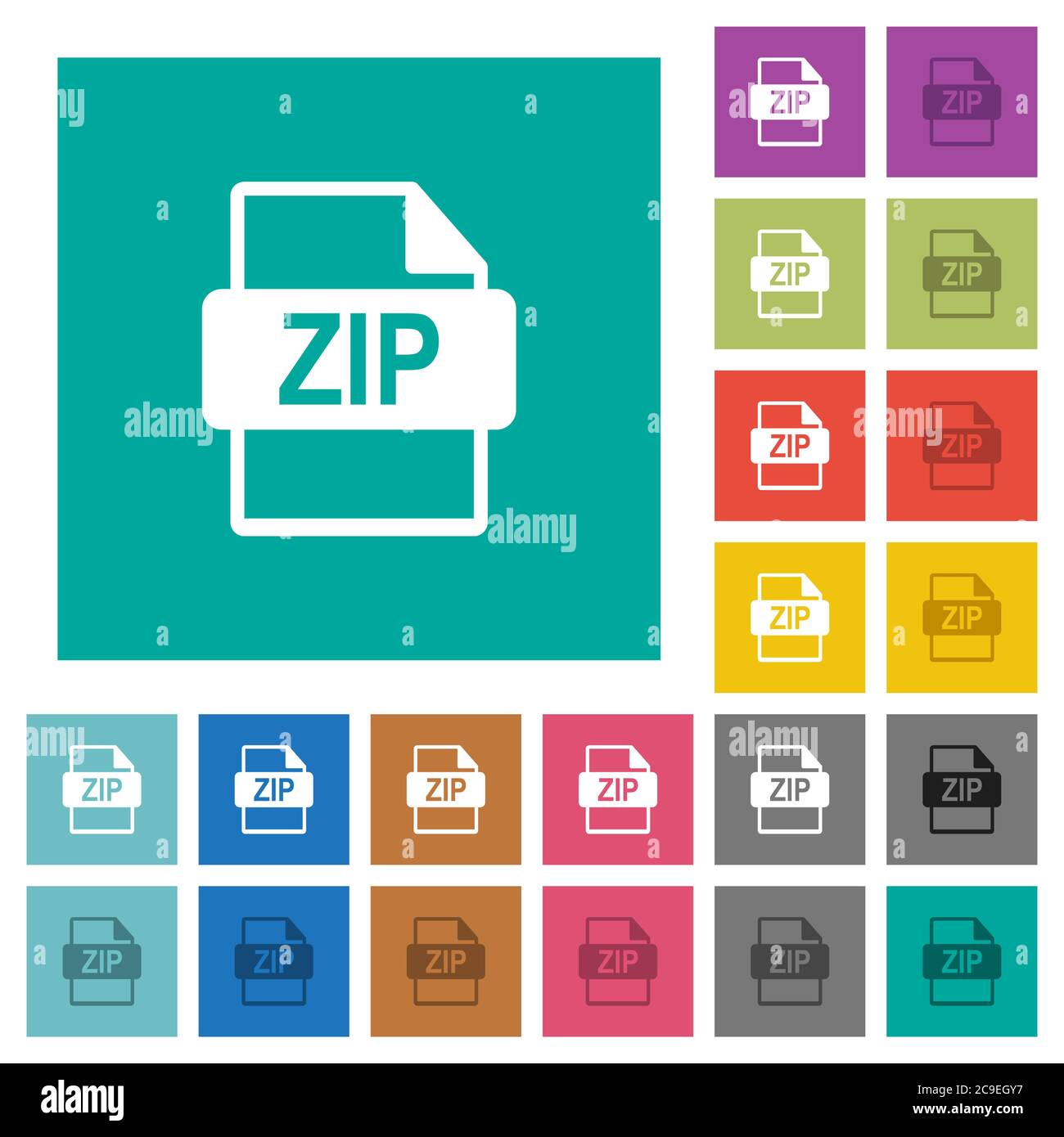 ZIP file format multi colored flat icons on plain square backgrounds. Included white and darker icon variations for hover or active effects. Stock Vector