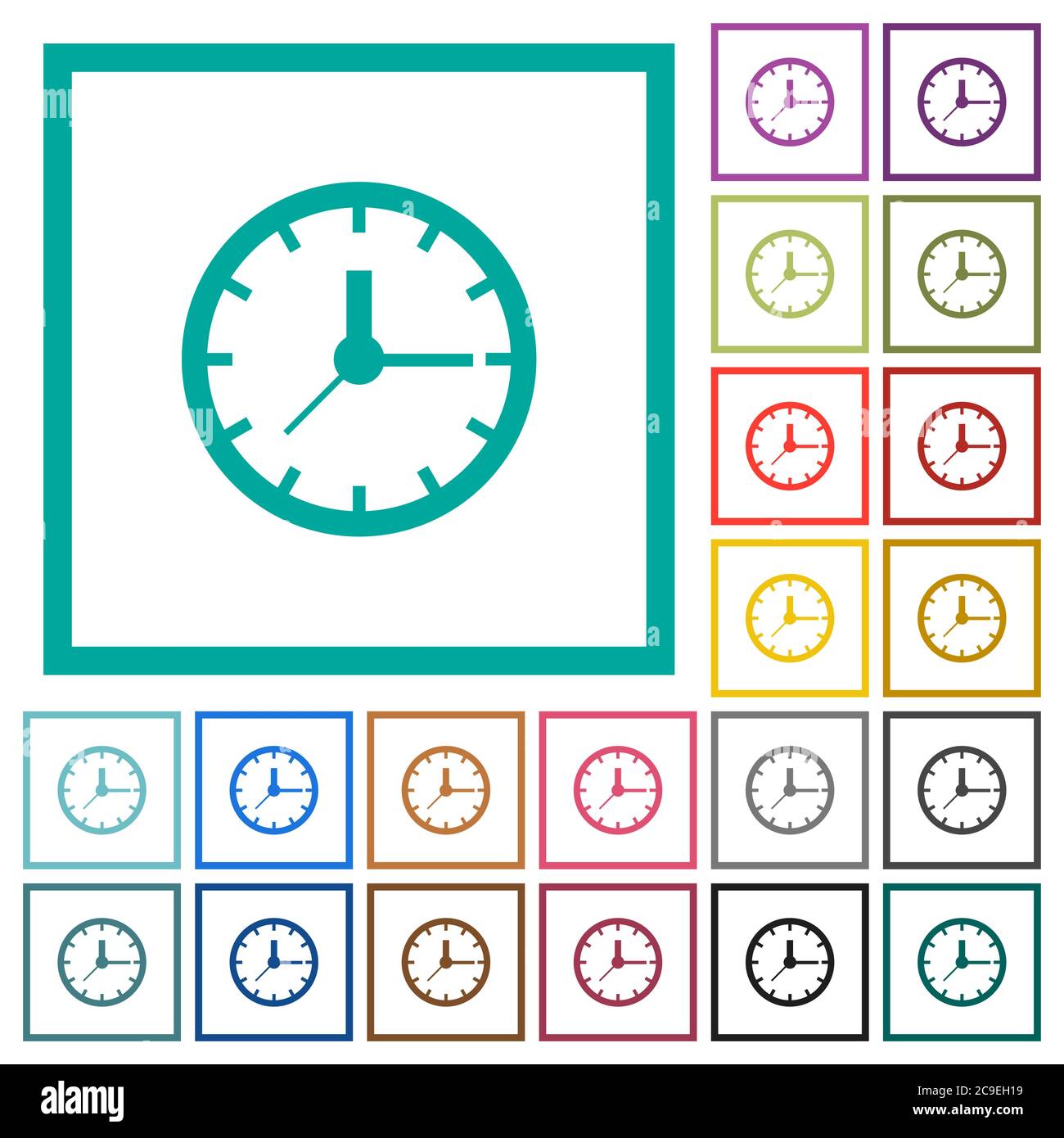 Clock flat color icons with quadrant frames on white background Stock Vector