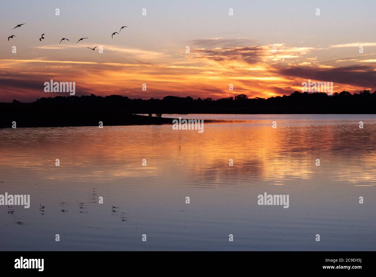 Sunrise over Kilvington Lakes in the Vale of Belvoir, Leicestershire, as the Met Office says it expects Friday to be the hottest day of the year. Stock Photo