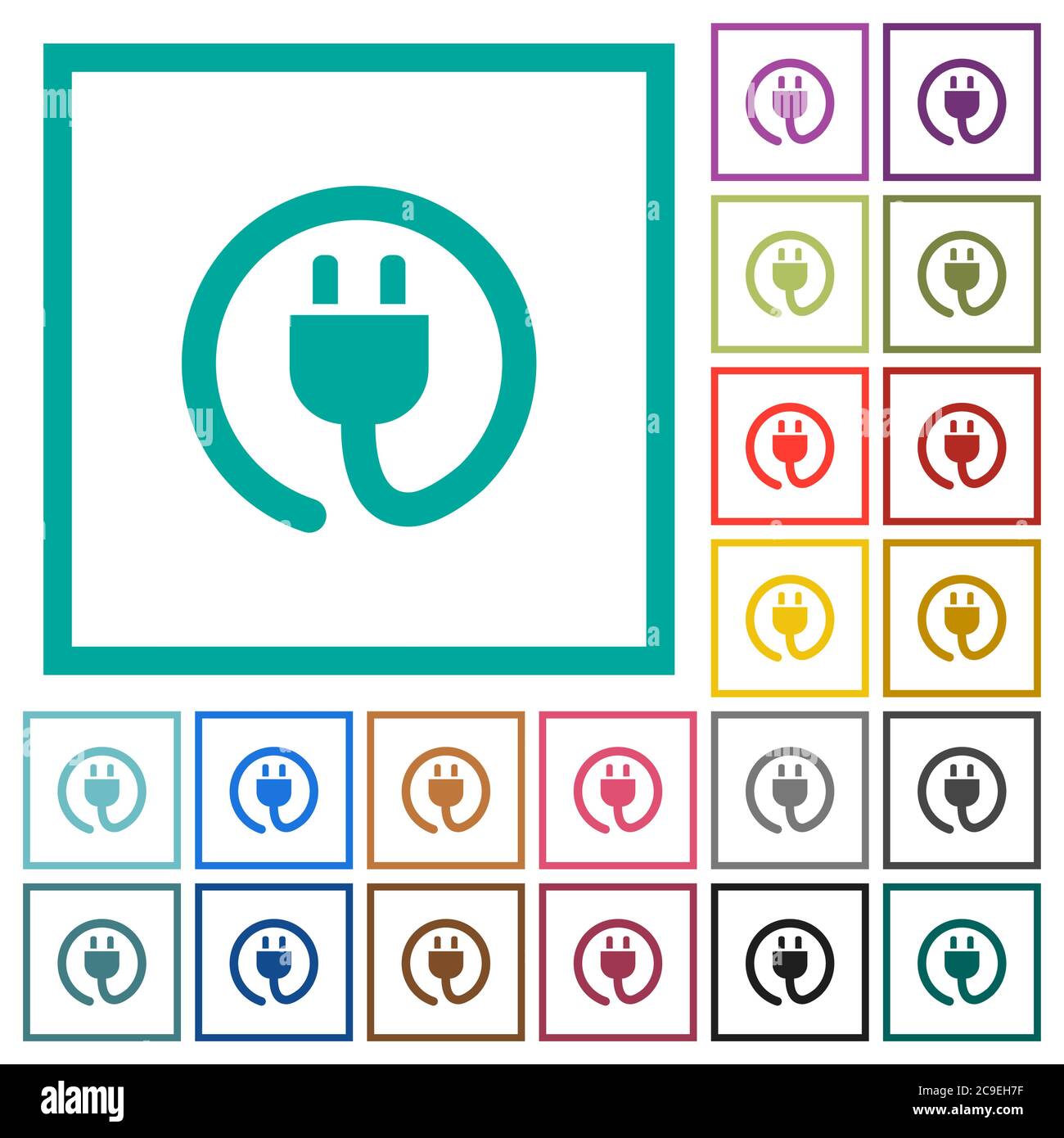 Rolled power cord flat color icons with quadrant frames on white background Stock Vector