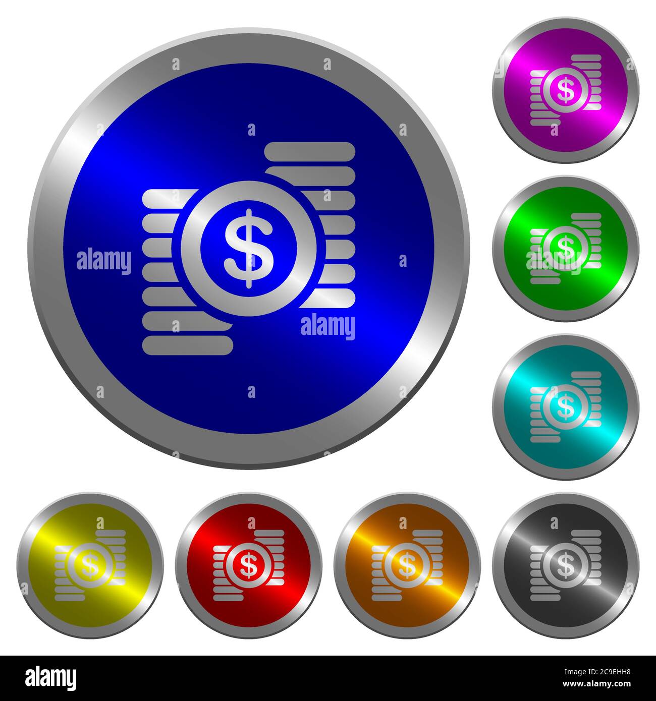 Dollar coins icons on round luminous coinlike color steel buttons