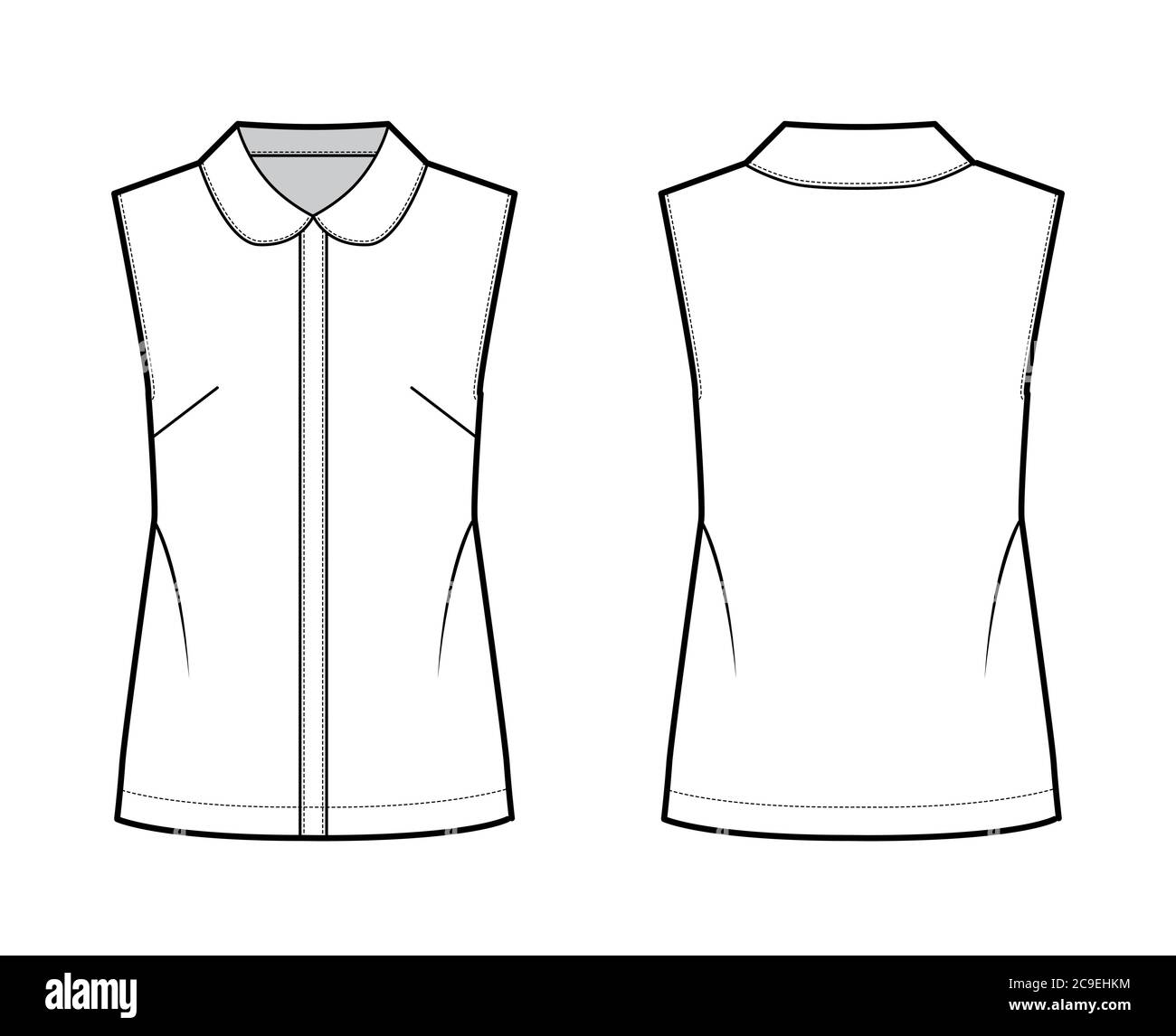 Blouse technical fashion illustration with round collar, sleeveless, loose silhouette, front button fastenings. Flat shirt apparel template front, back white color. Women, men unisex top CAD mockup Stock Vector