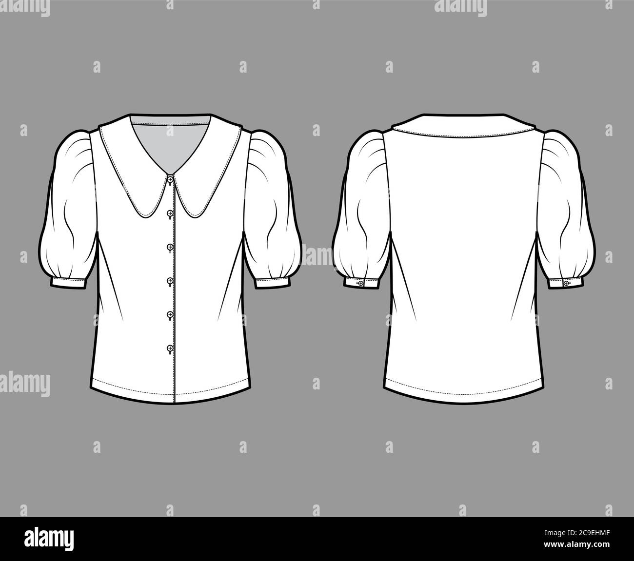 Scalloped collar shirt technical fashion illustration with elbow puff sleeve, front button-fastening, loose silhouette. Flat blouse apparel template front back white color. Women, men unisex top CAD Stock Vector