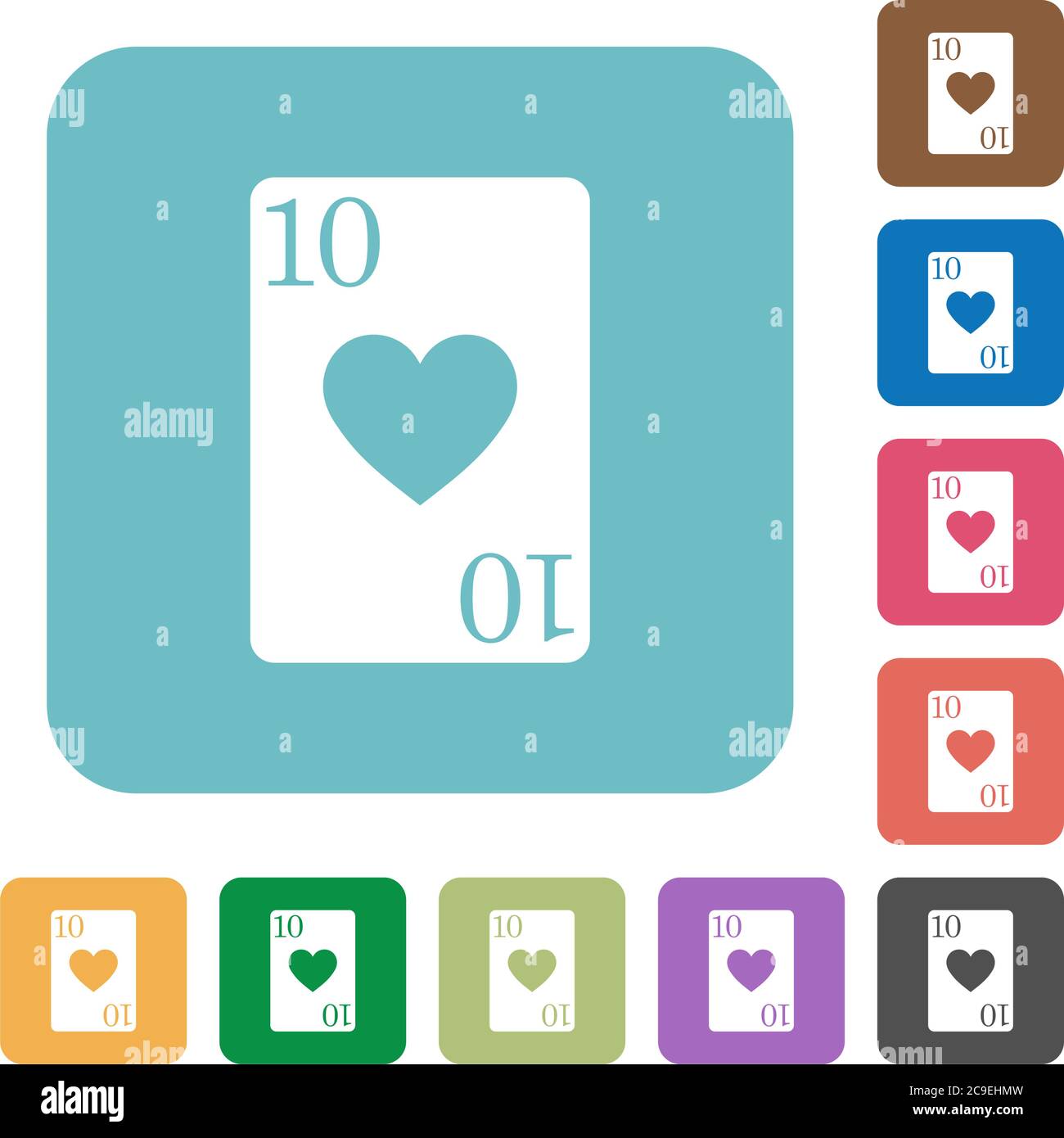 Ten of hearts white flat icons on color rounded square backgrounds Stock Vector