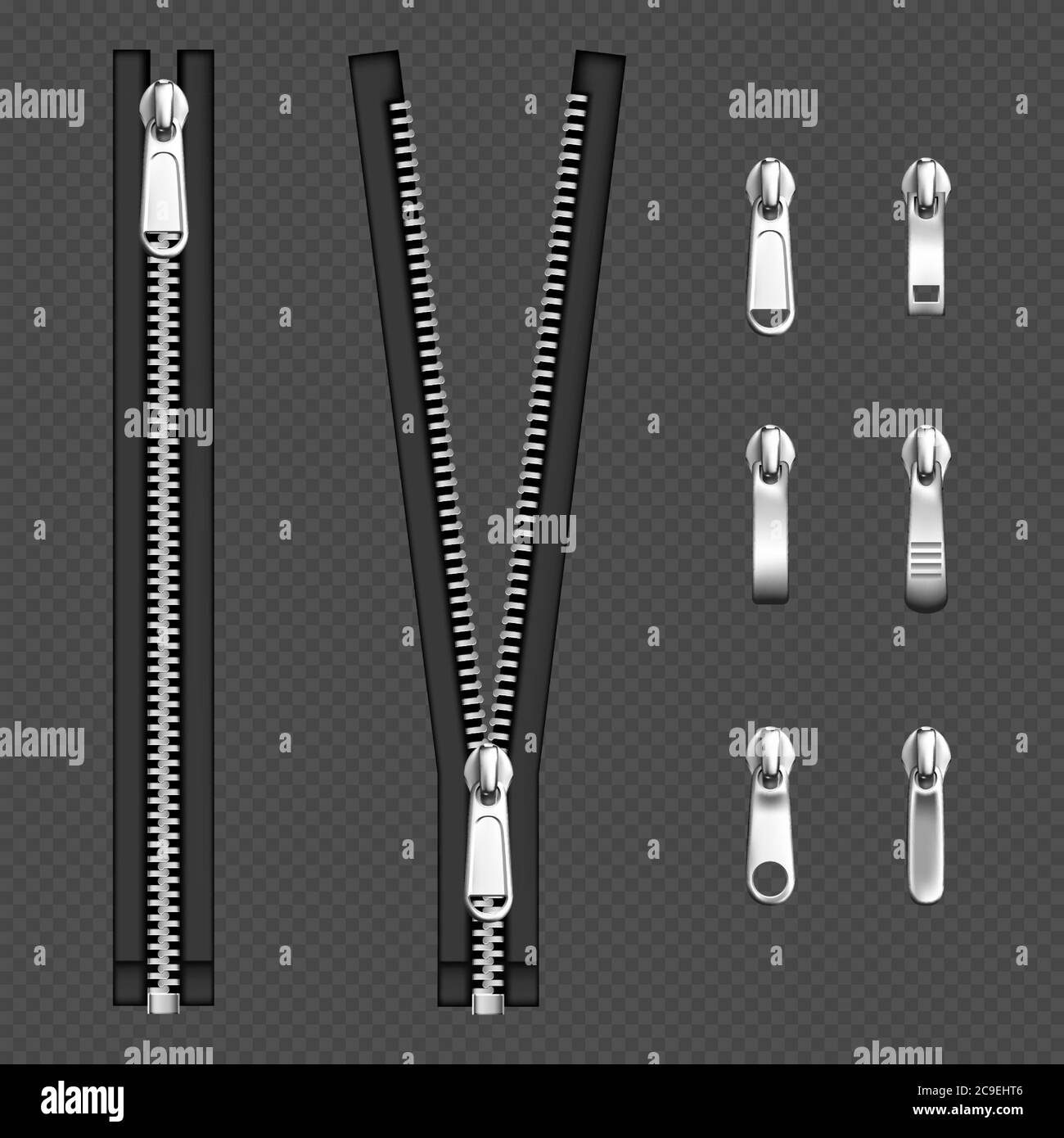 Metal zip fasteners, silver zippers with differently shaped puller and open or closed black fabric tape, clothing hardware isolated on transparent background, Realistic 3d vector illustration, set Stock Vector