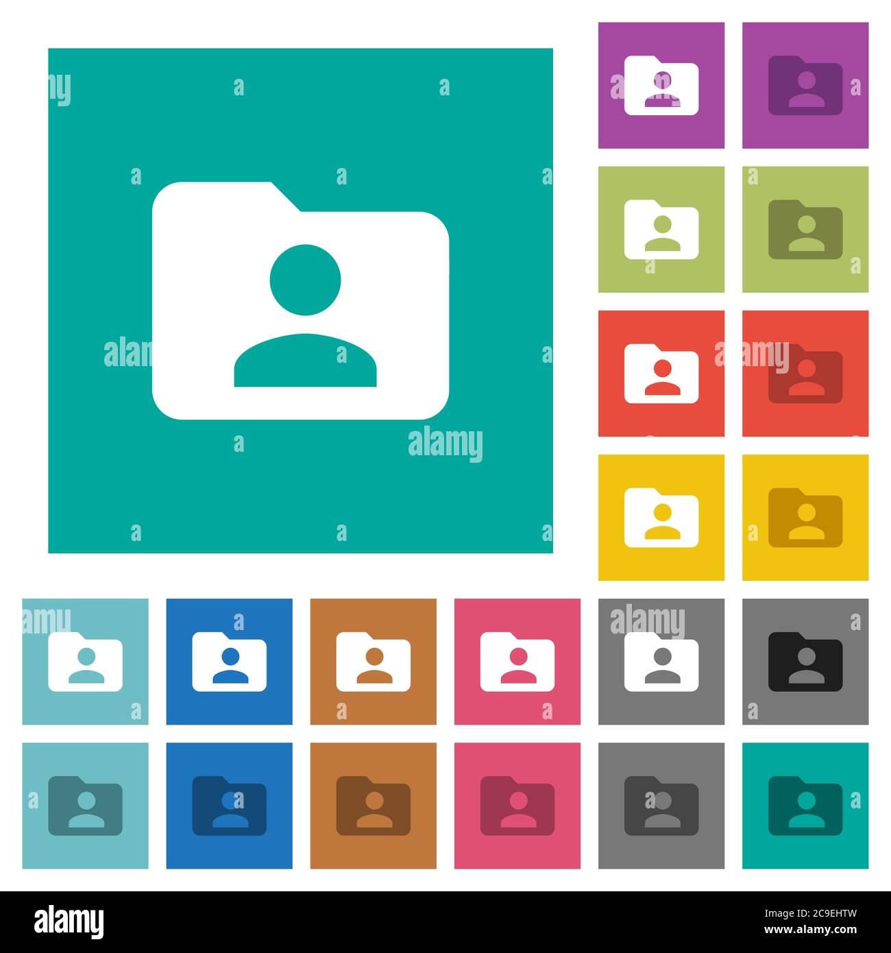 Folder owner multi colored flat icons on plain square backgrounds. Included white and darker icon variations for hover or active effects. Stock Vector