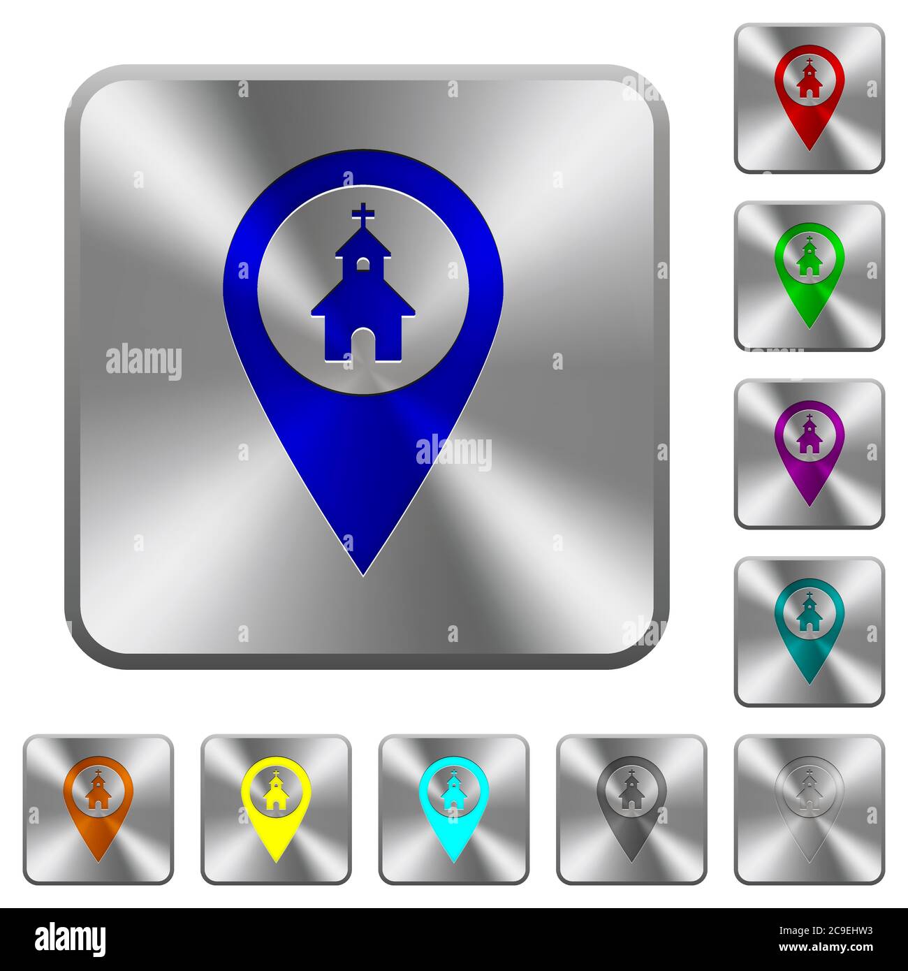Church GPS map location engraved icons on rounded square glossy steel ...