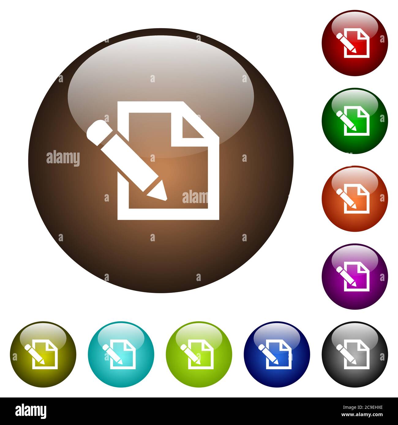 Edit with pencil white icons on round color glass buttons Stock Vector